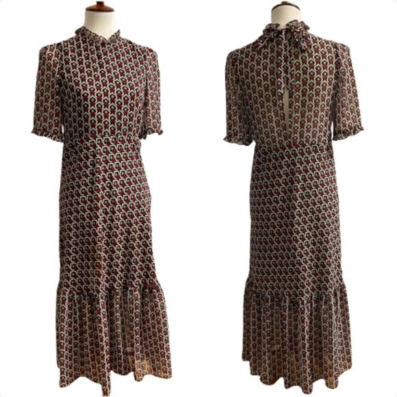 Zara Woman Geometric Heart Print Ruffled Keyhole Back Midi/Maxi Dress S - Picture 3 of 9